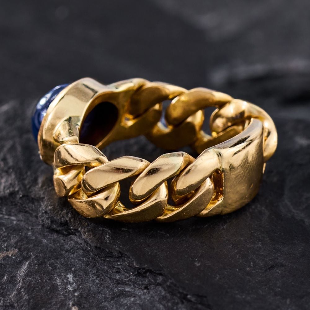Vintage Curb Chain Link Bezel Set Sapphire Ring 18K Yellow Gold