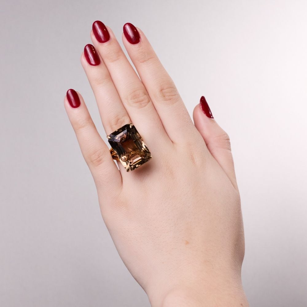 Large Smoky Quartz Cocktail Ring 18K Yellow Gold