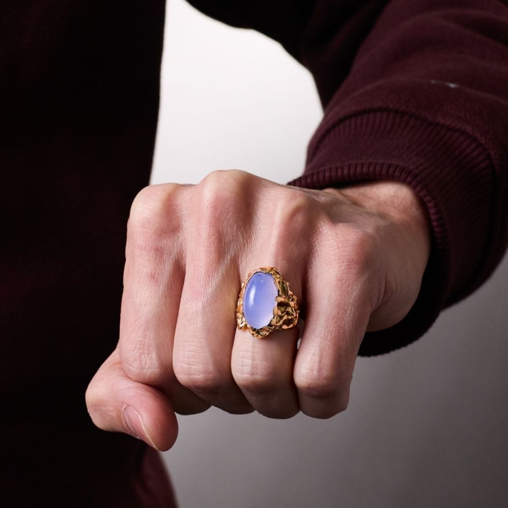 Unisex Blue Agate Ring 14K Yellow Gold