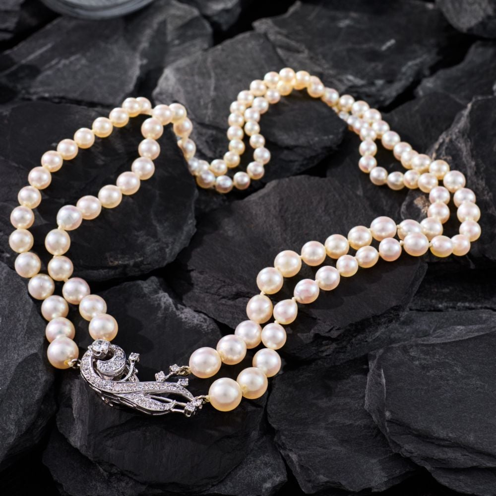 Knotted Double Strand Pearl Necklace Diamond Clasp 14K White Gold