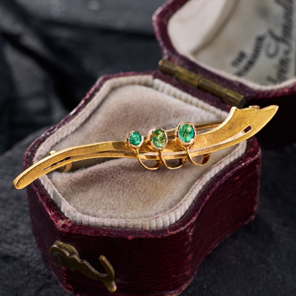Emerald Shellback Pin Final Sale: Abstract Vintage Emerald Bar Pin 14K Yellow Gold