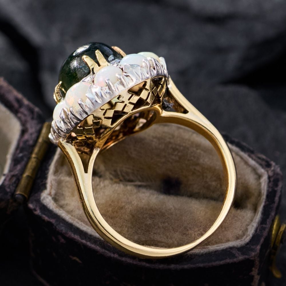 Black Star Sapphire Ring w/ Opal Halo 14K Yellow Gold