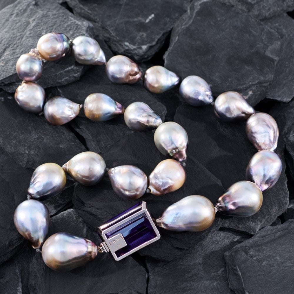 Large Baroque Tahitian Pearl Strand Necklace w/ 18K White Gold