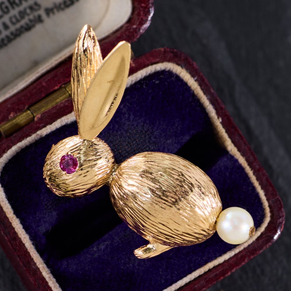 Pearl & Ruby Bunny Pin Brooch 14K Yellow Gold