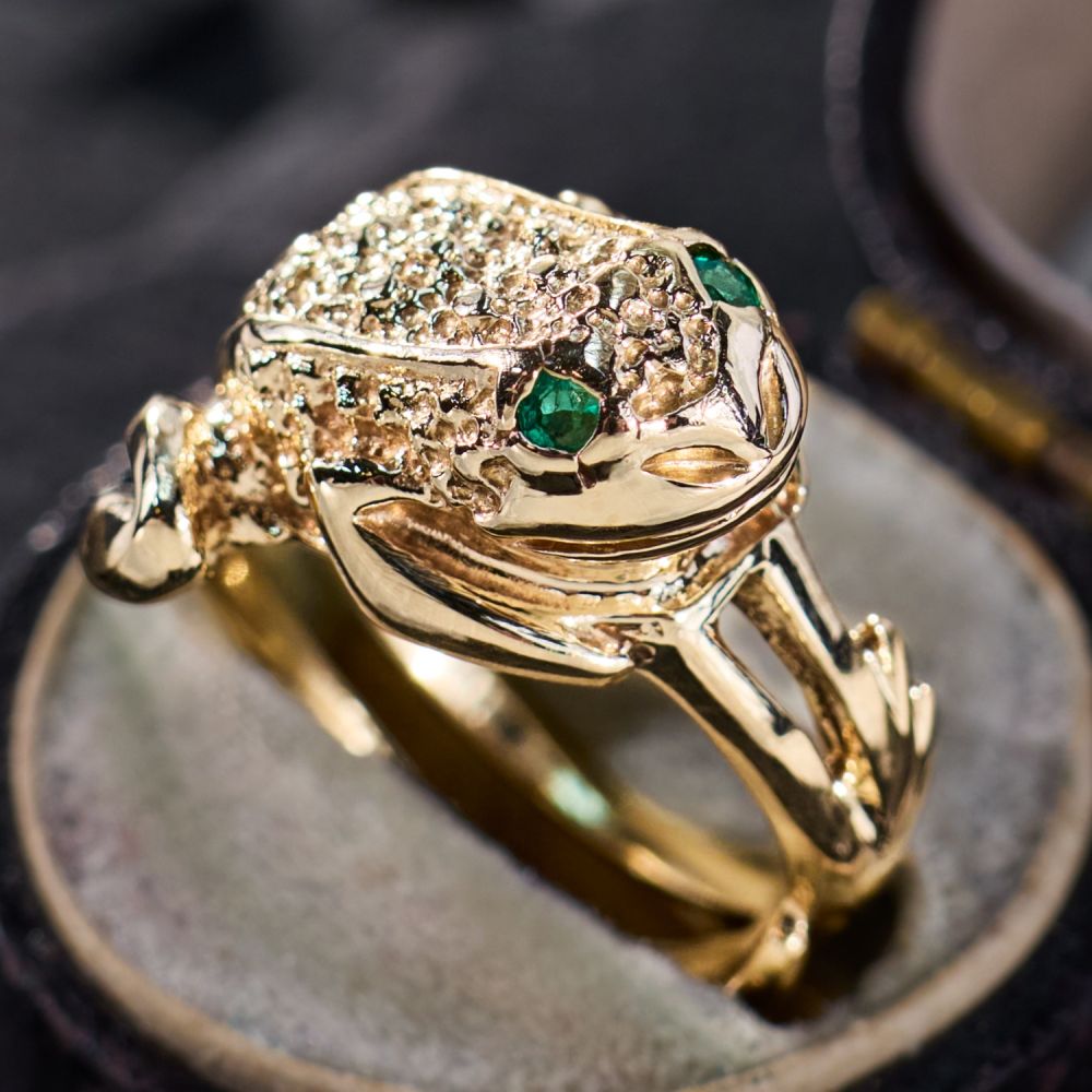 Emerald Eye Frog Ring 14K Yellow Gold Size 4