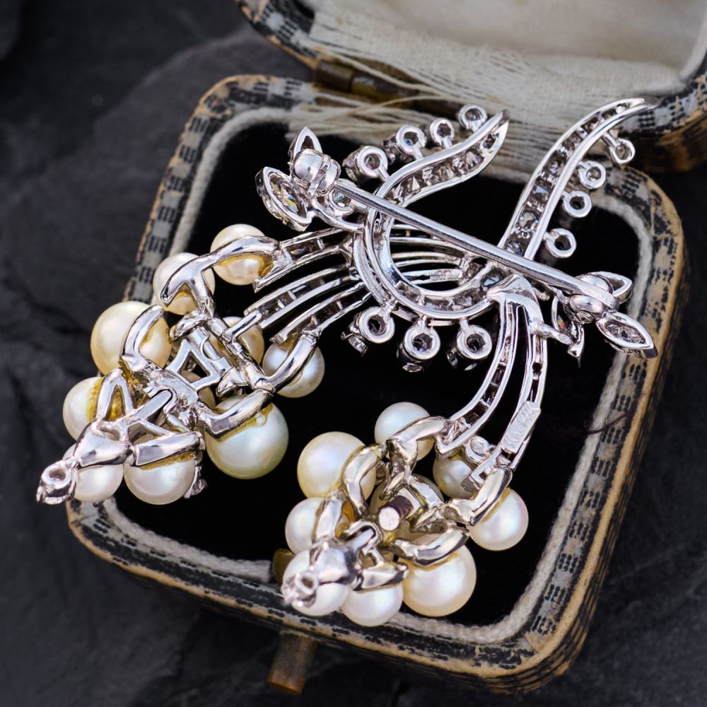 1950s Pearl & Diamond Grape Cluster Brooch in 14K White Gold