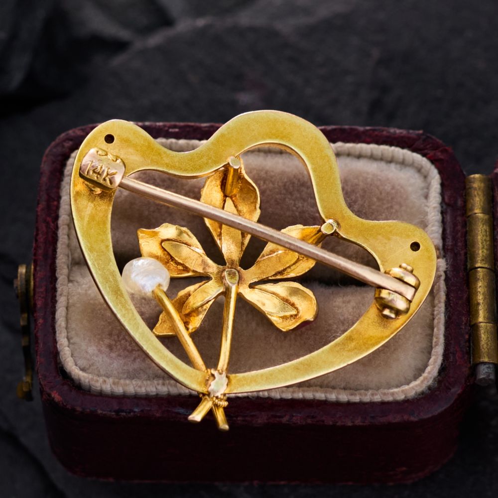 Art Nouveau Floral Pin w/ Pearls & Enamel in 14K Yellow Gold