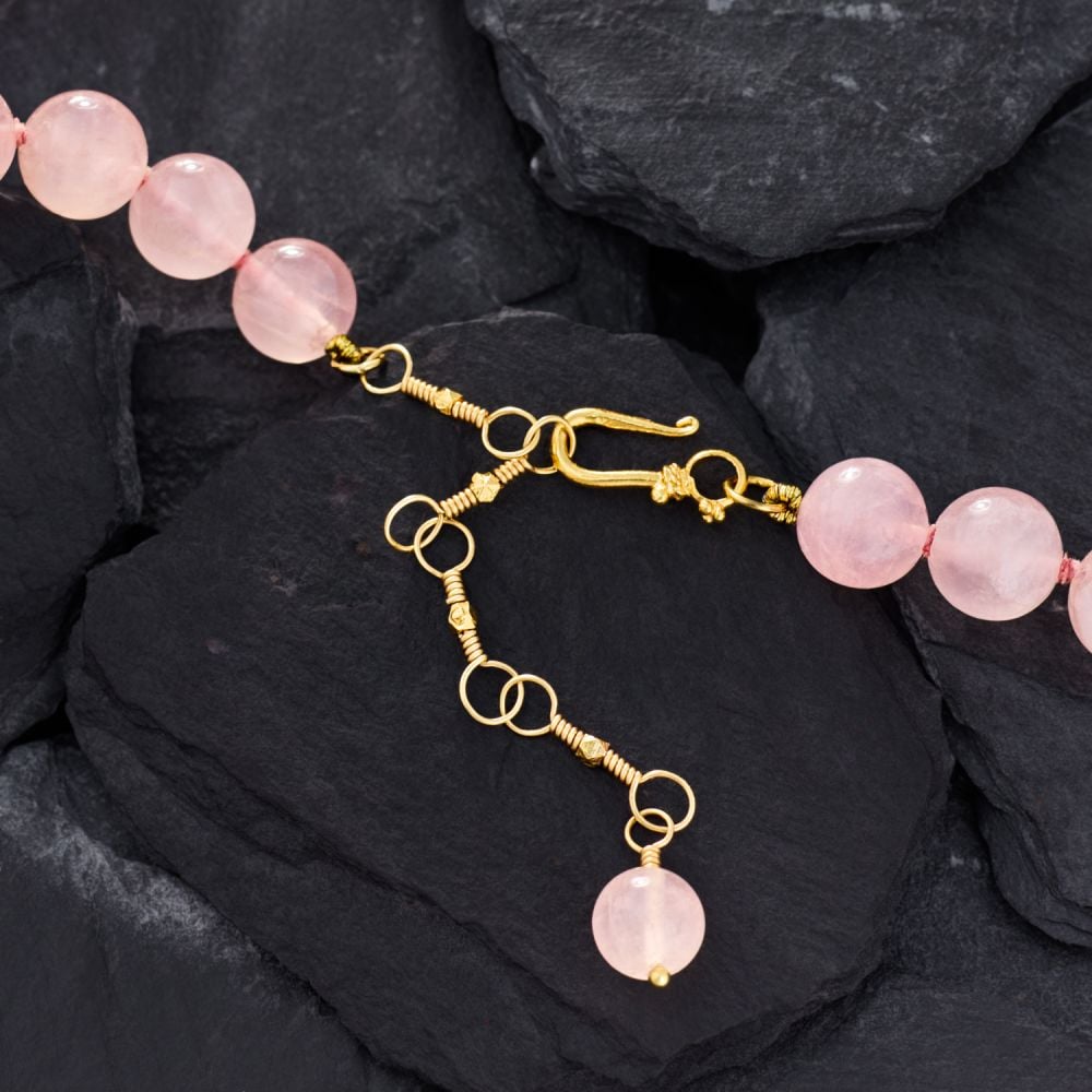 Rose Quartz Bead Necklace with Hammered Gold Centerpiece