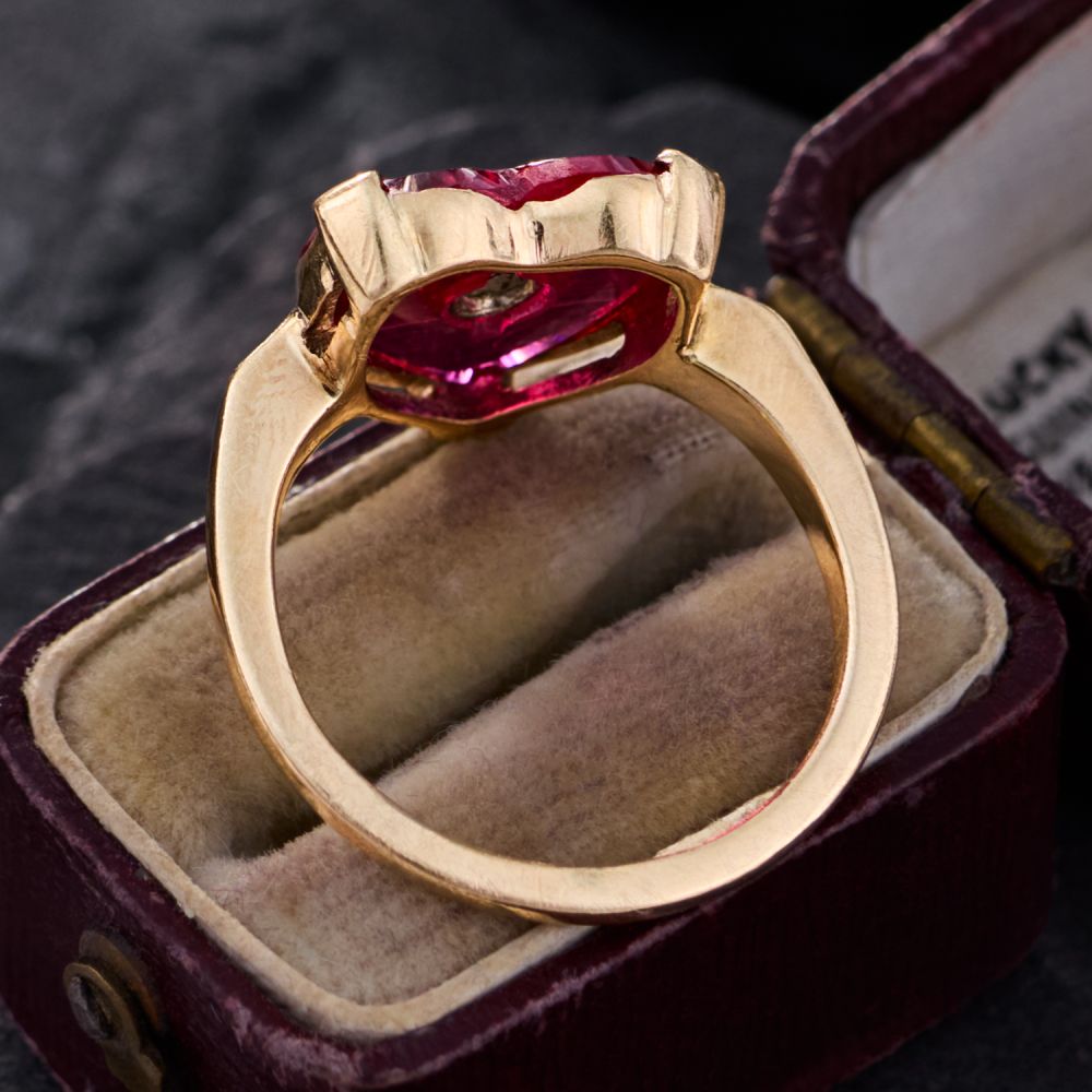 Heart Lab-Grown Ruby Ring w/ Old Euro Diamond Yellow Gold