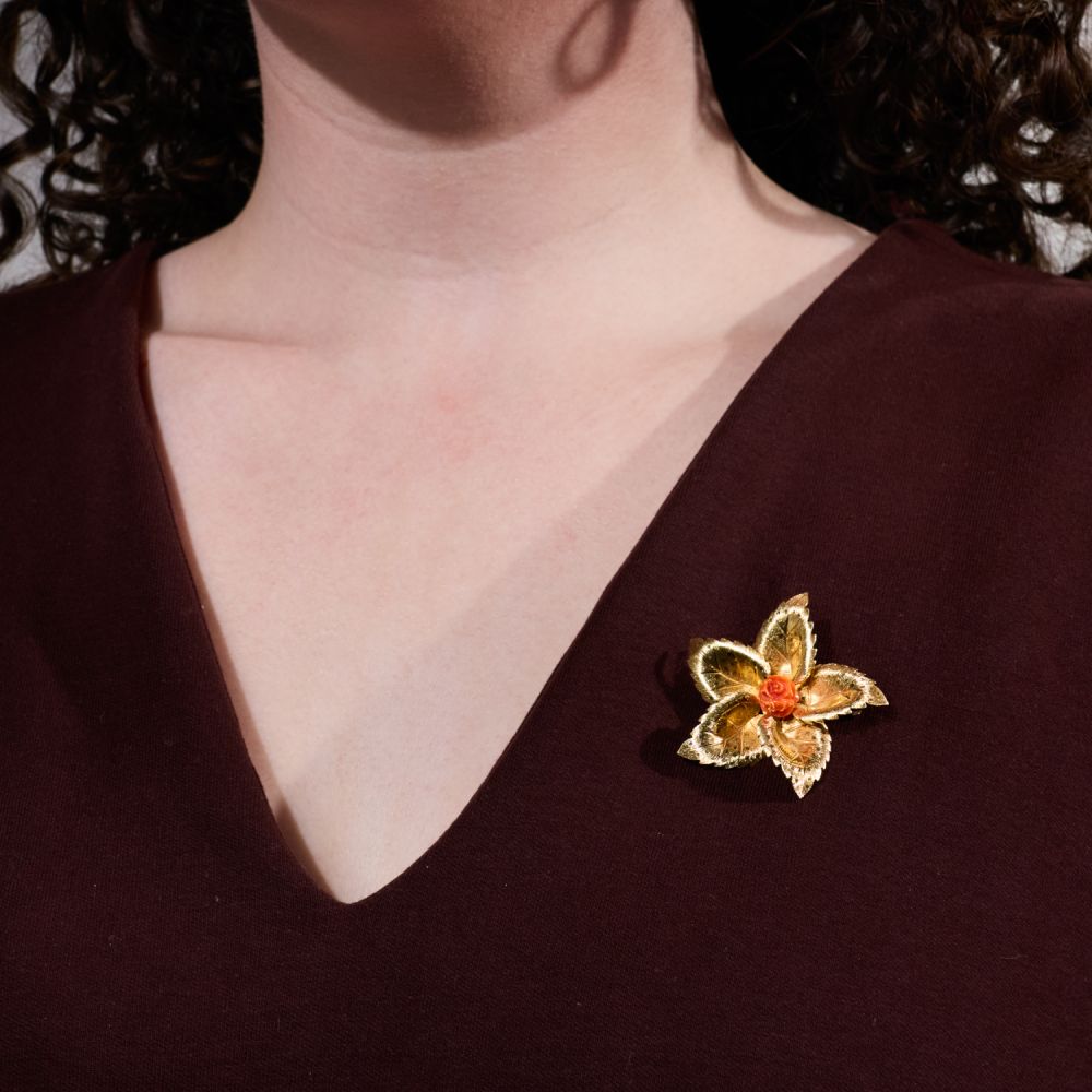 1967 Grosse Germany Coral Rose Brooch Pin 14K Yellow Gold