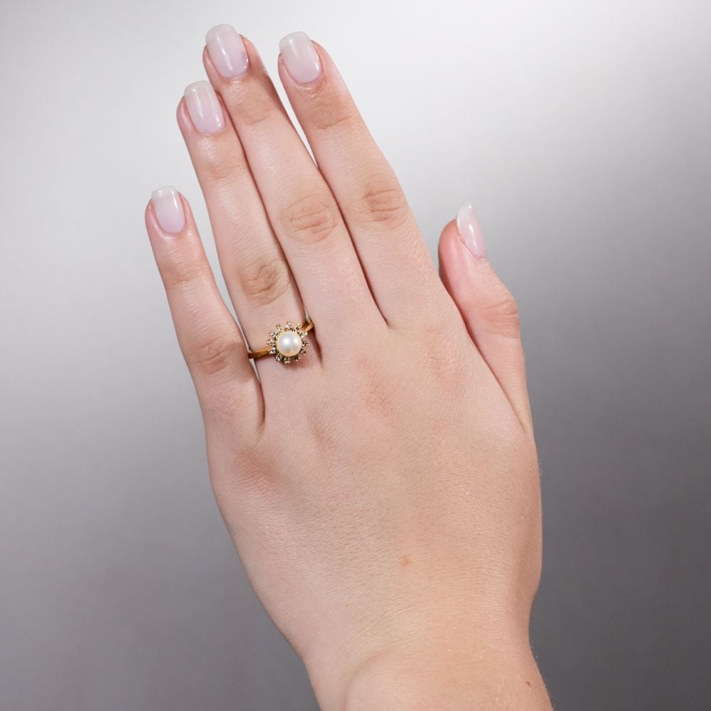 Ru.アクセサリーteraさま Pearl Ring with Diamond Halo 14K Yellow Gold