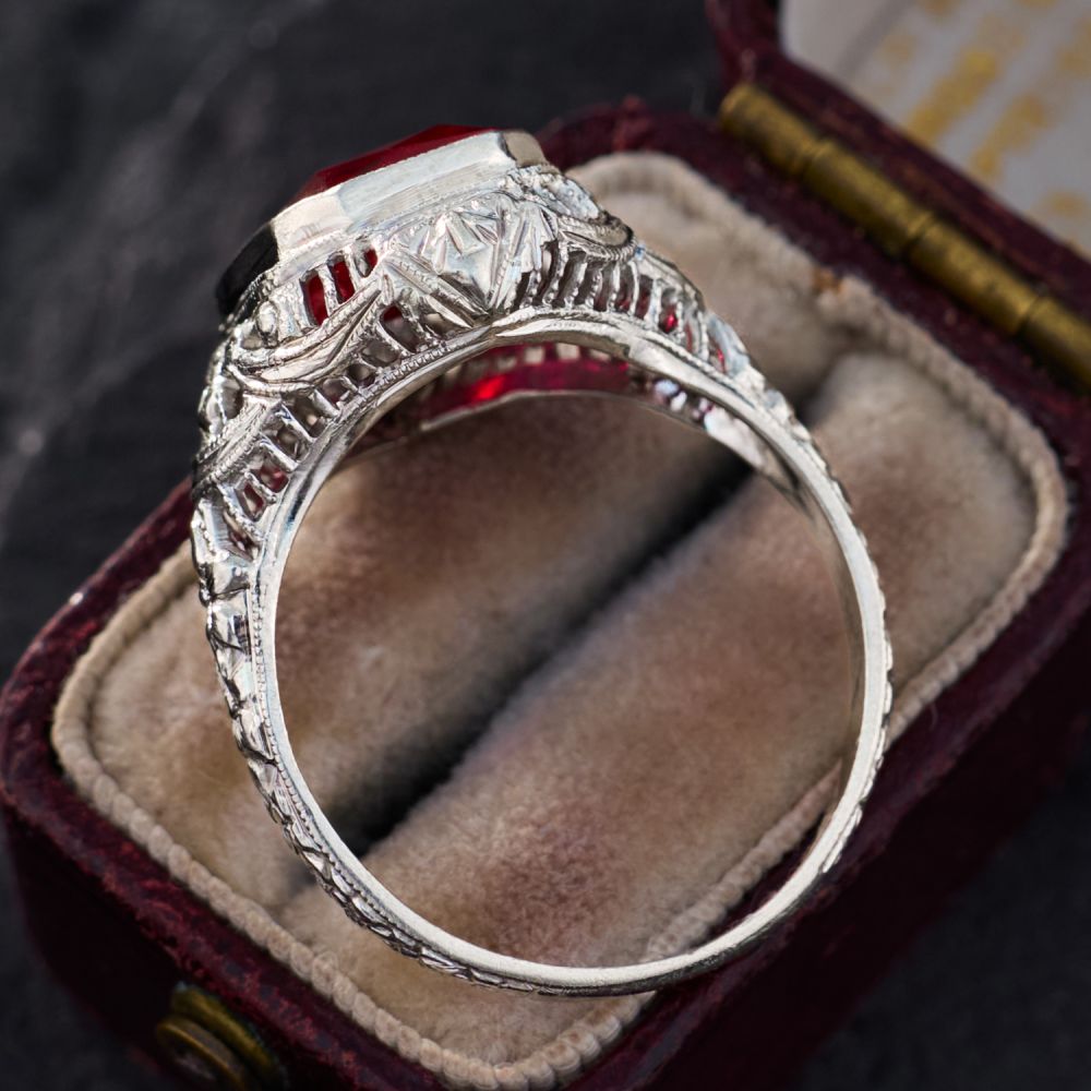 Vintage Lab Created Ruby Filigree Ring in 14K White Gold