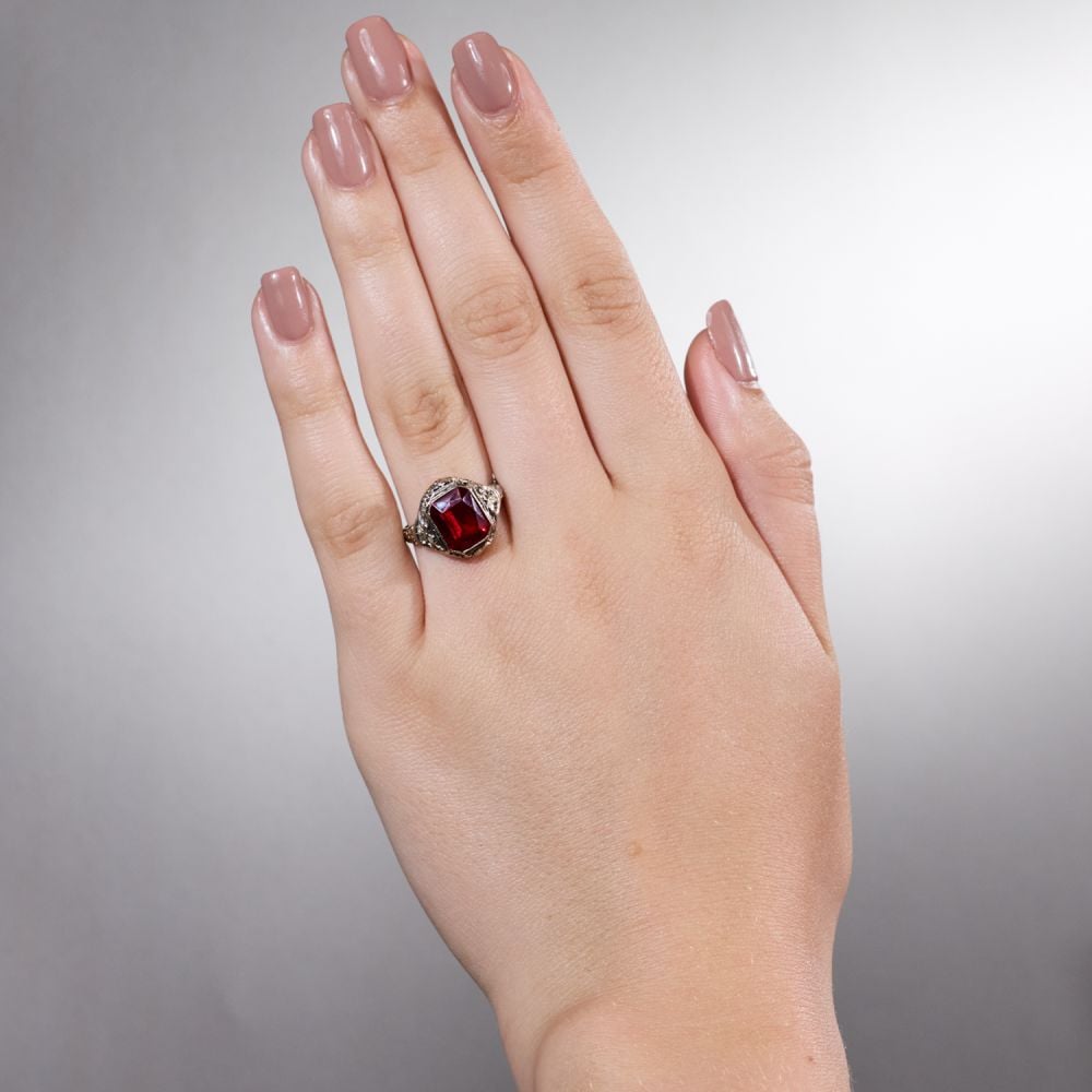 Vintage Lab Created Ruby Filigree Ring in 14K White Gold