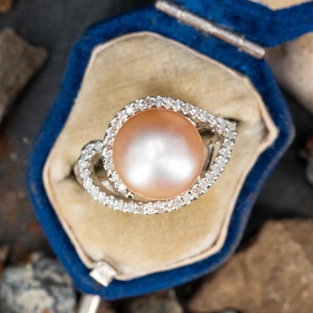 Light Pink Pearl Ring w/ Diamond Accents 18K White Gold
