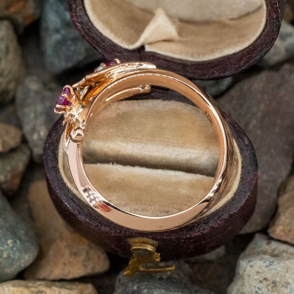 Retro Vintage Ruby & Seed Pearl Ring 18K Rose Gold Size 7