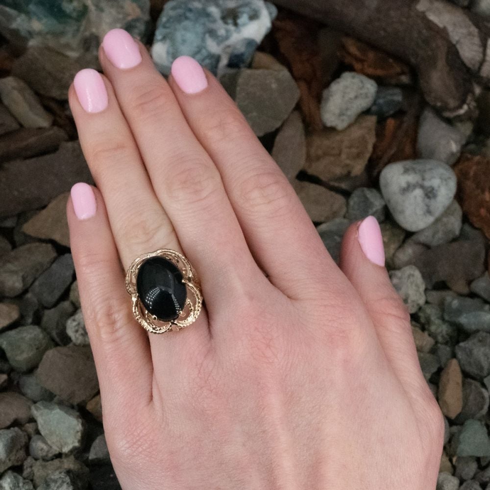 Large Black Onyx Cocktail Ring 18K Yellow Gold
