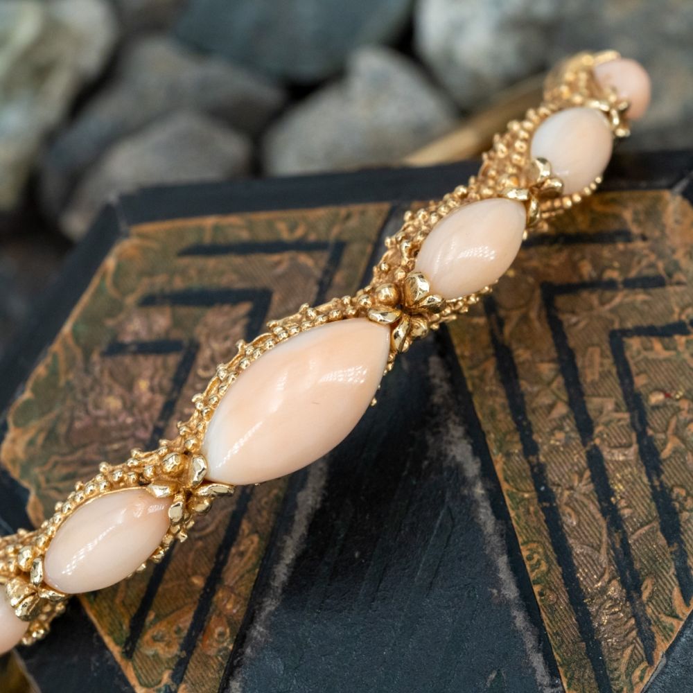 Vintage Angel Skin Coral Bangle Bracelet 14K Yellow Gold