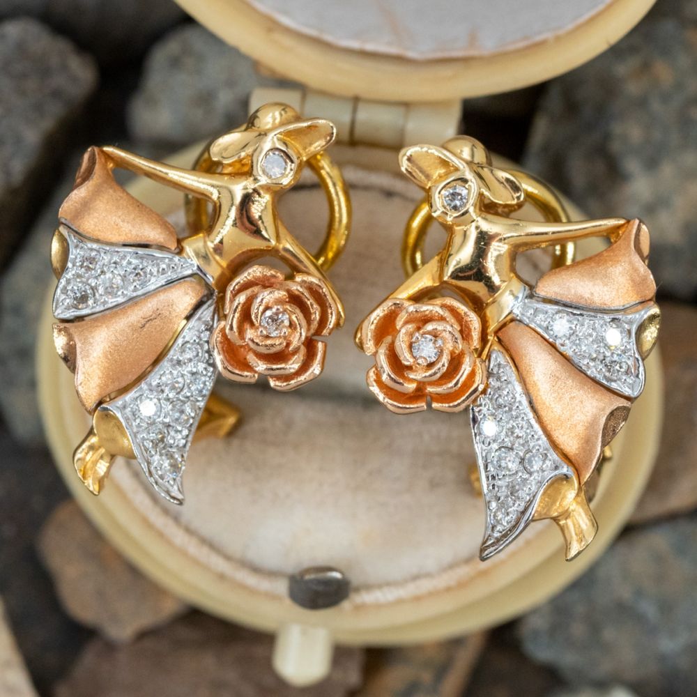 Vintage Lady w/ Flower Diamond Earrings 18K Tri-Tone Gold