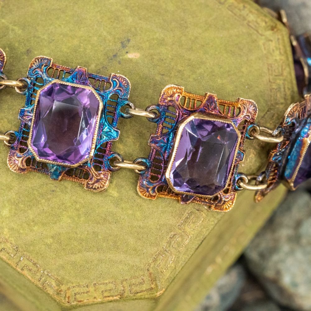 Vintage Patinated Amethyst Filigree Bracelet 14K Yellow Gold