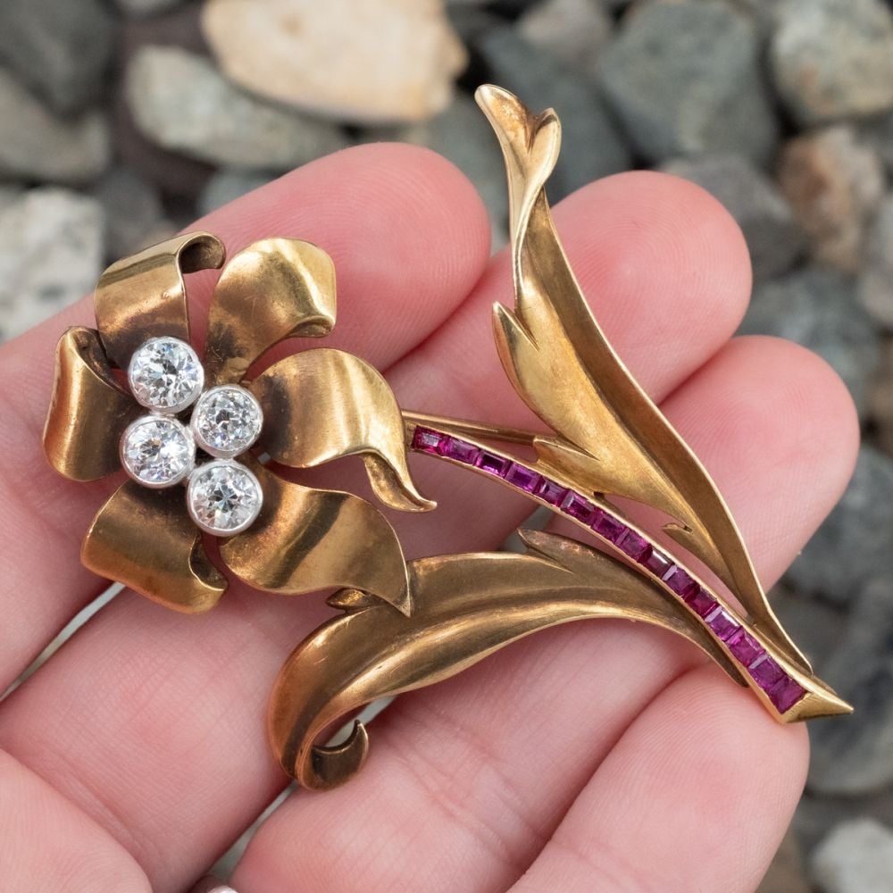 Circa 1910s Diamond & Ruby Flower Brooch Pin 18K Yellow Gold