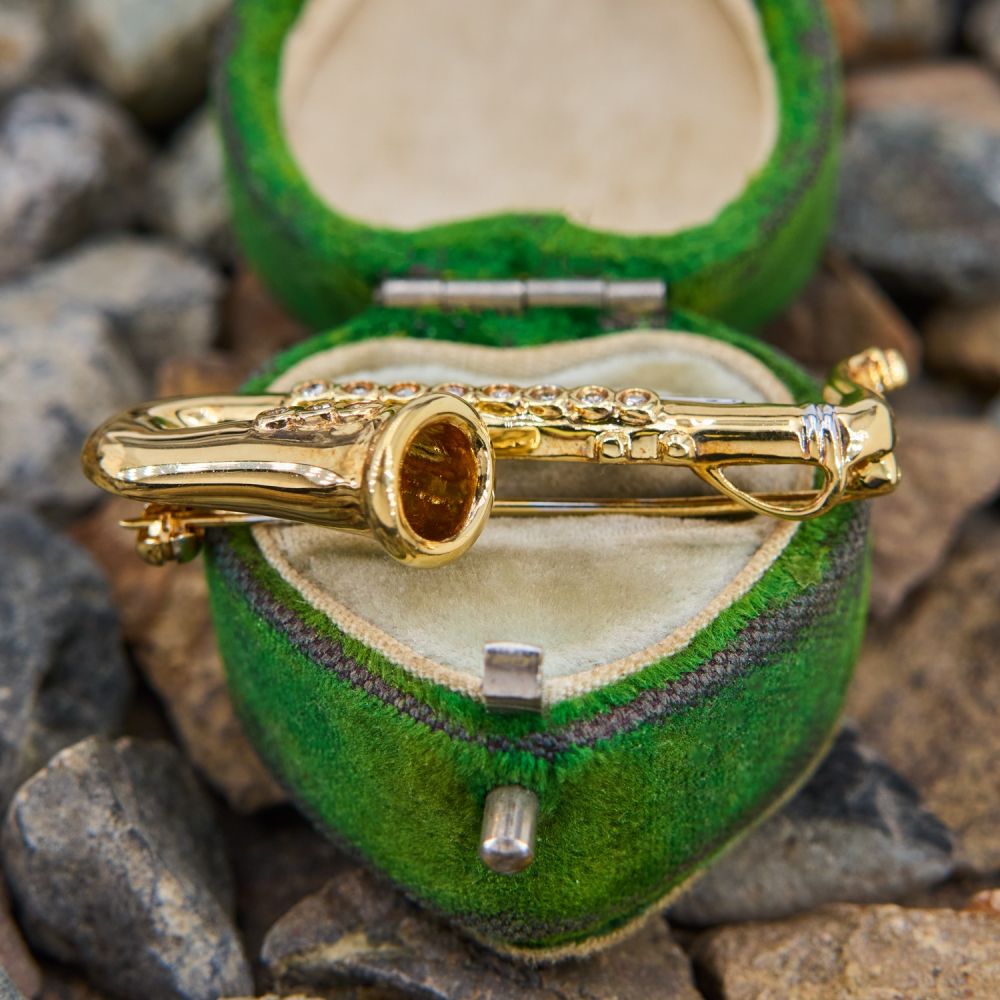 Vintage Diamond Saxophone Brooch Pin/ Pendant 18K Yellow & White Gold