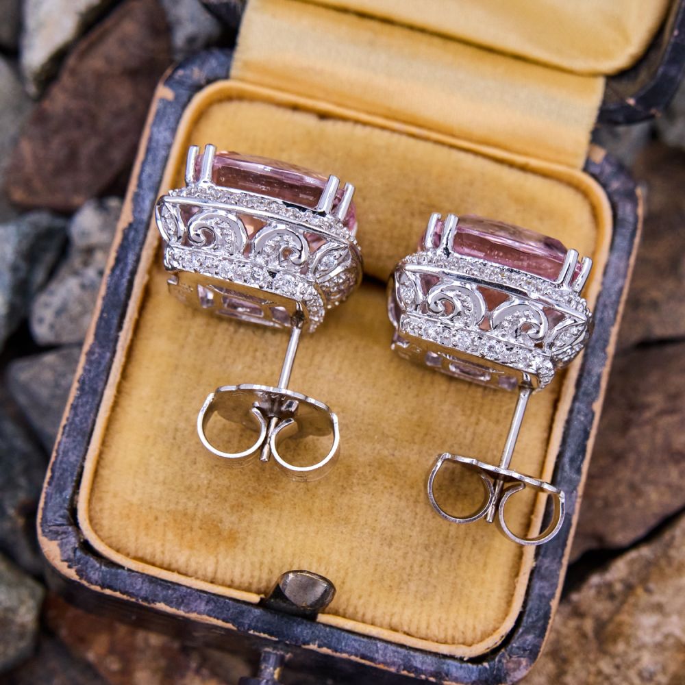 Cushion Cut Kunzite & Diamond Earrings 18K White Gold Heartfelt Harmony Reconstituted Kunzita 18k Gold Plated Stud Earrings main image 0