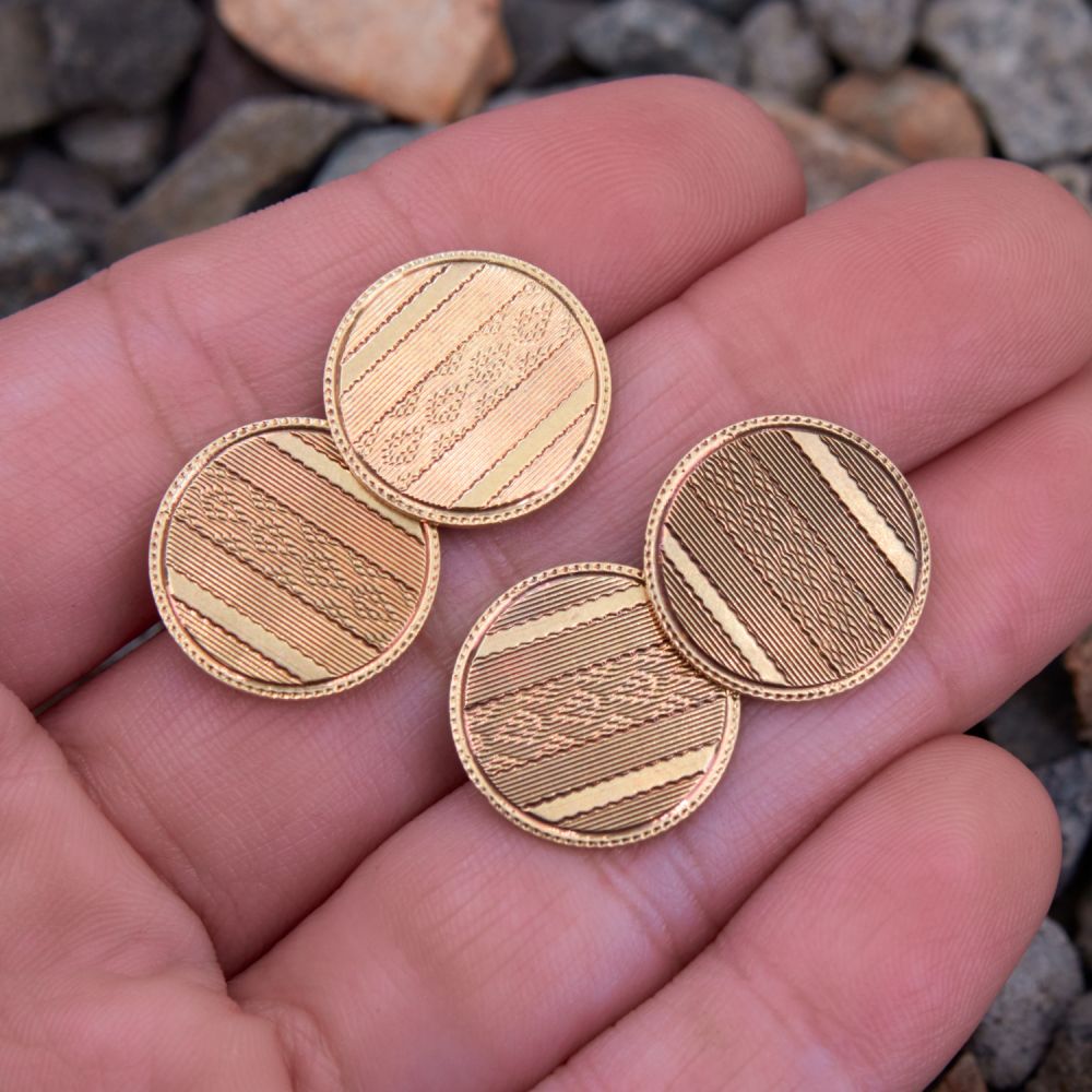 Mens Antique Machine Engraved Cufflinks 14K Yellow Gold