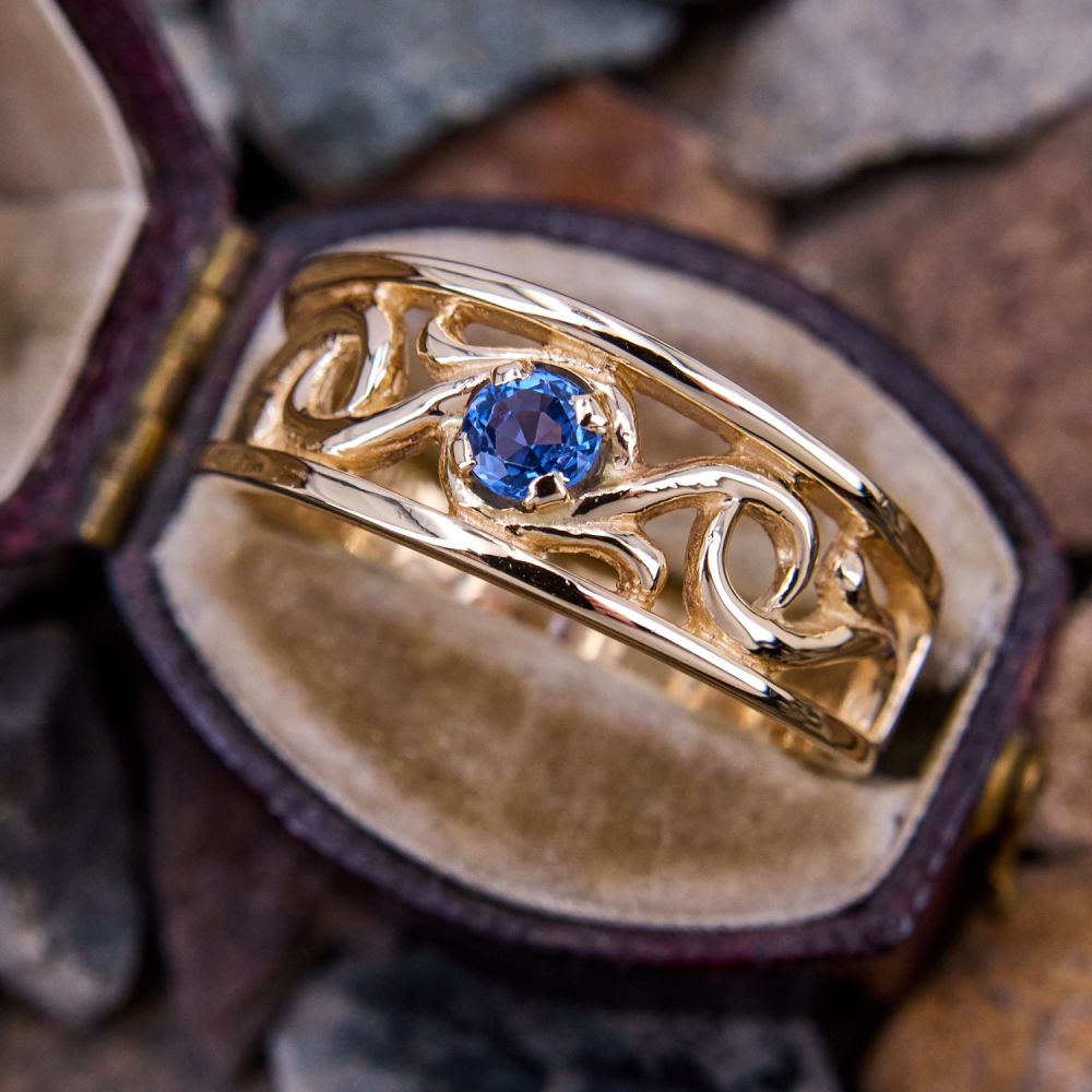 Scroll Work Rings Open Scroll Work Sapphire Ring 14K Yellow Gold