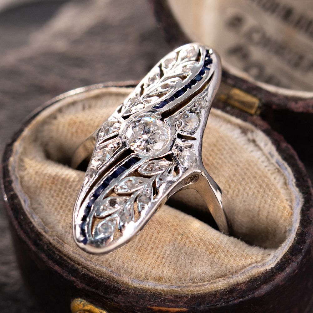 European Cut Lab Diamond Detailed Art Deco Diamond Dinner Ring 18K White Gold