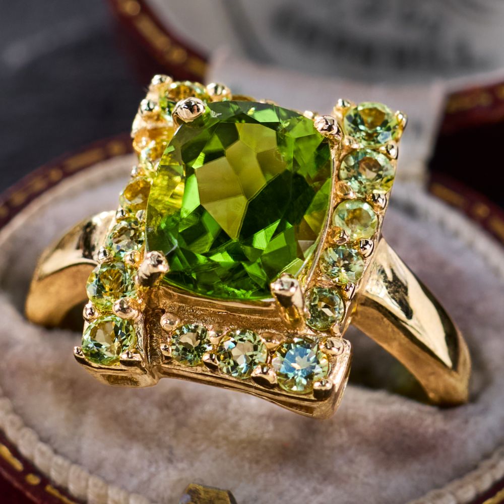Cushion Cut Peridot Ring w/ Peridot Halo in 14K Yellow Gold