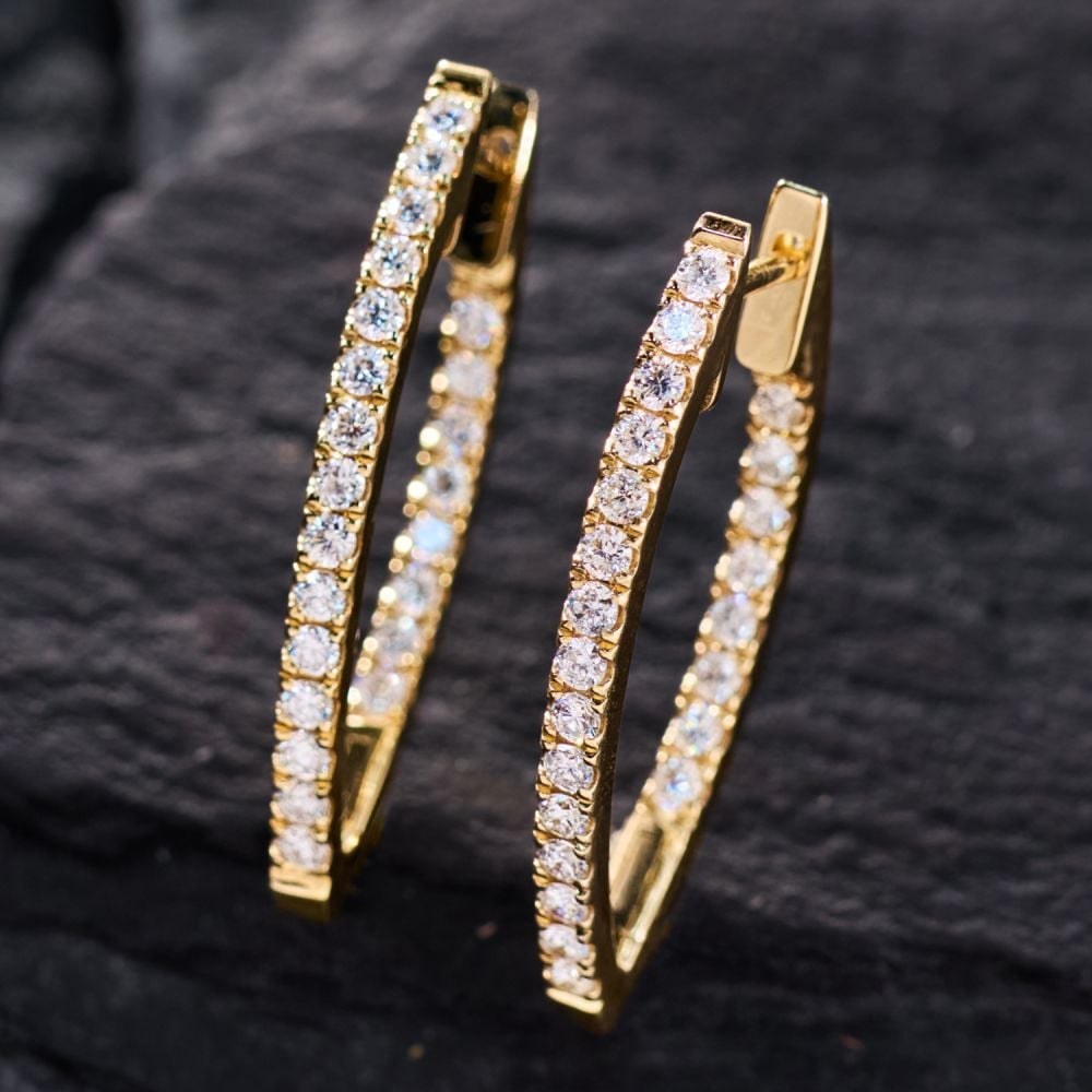 European Cut Lab Diamond Pointed Diamond Inside Out Hoop Earrings 14K Yellow Gold