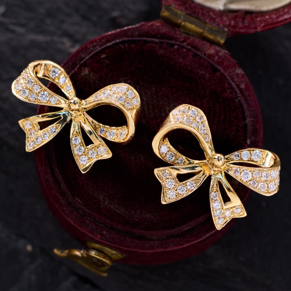 European Cut Lab Diamond Diamond Bow Earrings 14K Yellow Gold