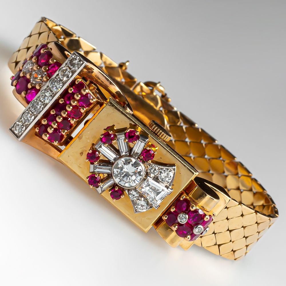 Vintage Retro Watch w/ Diamonds & Rubies in 14K Gold 1940 display picture 3