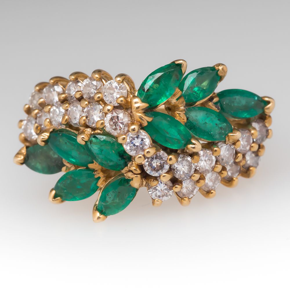 Floral Marquise Emerald & Diamond Vintage 14K Yellow Gold Ring