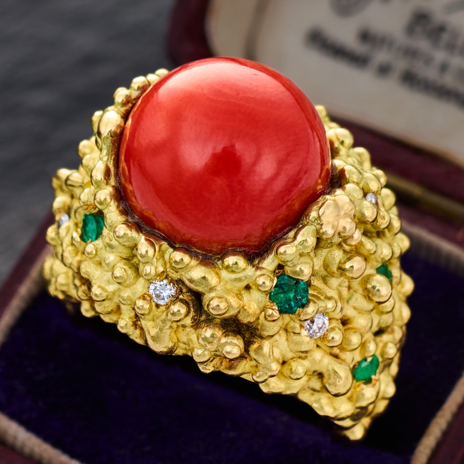Orangey Red Coral Cocktail Ring 18K Gold w/ Diamond & Emerald Accents