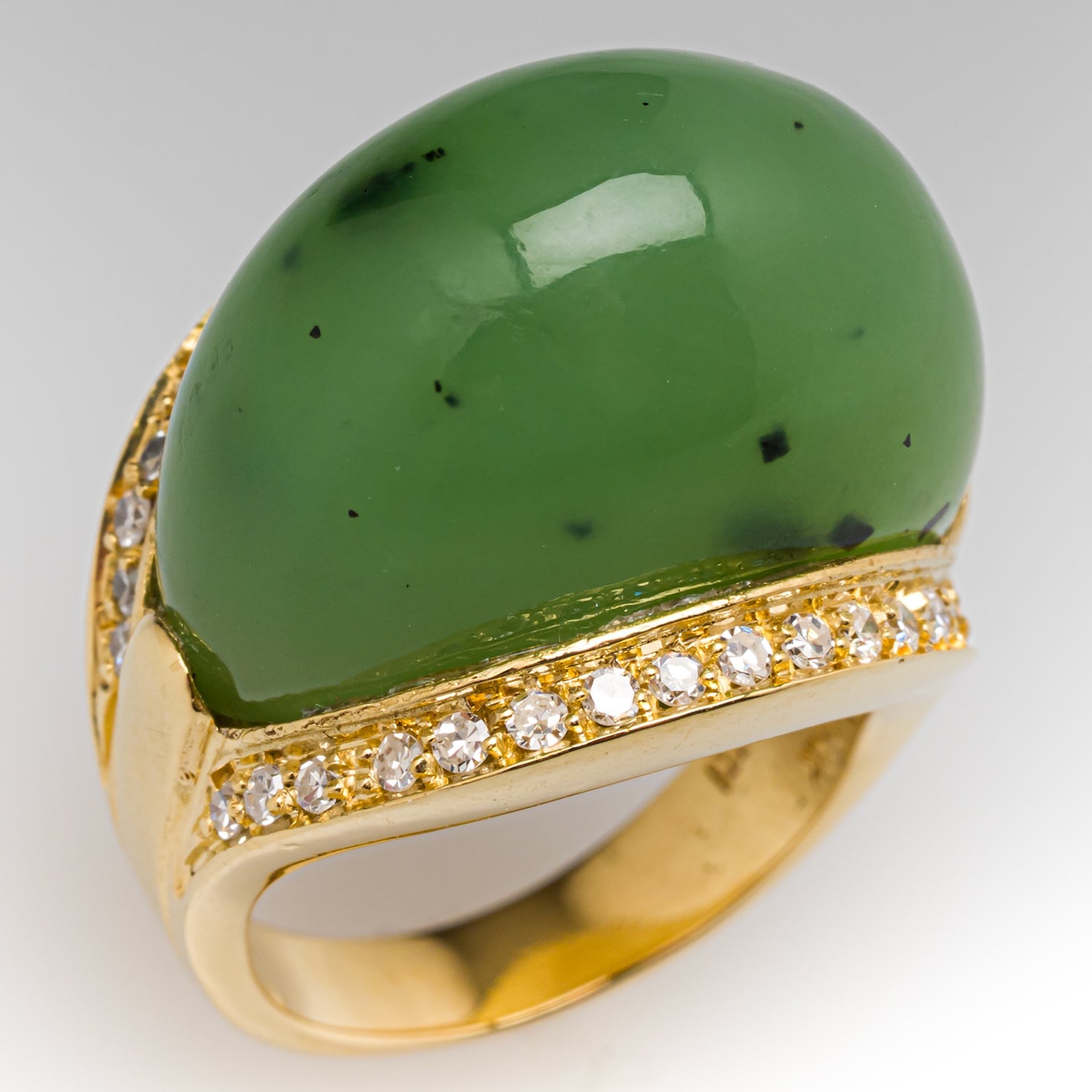 Italian Jade Dome Ring w/ Diamonds 18K Yellow Gold