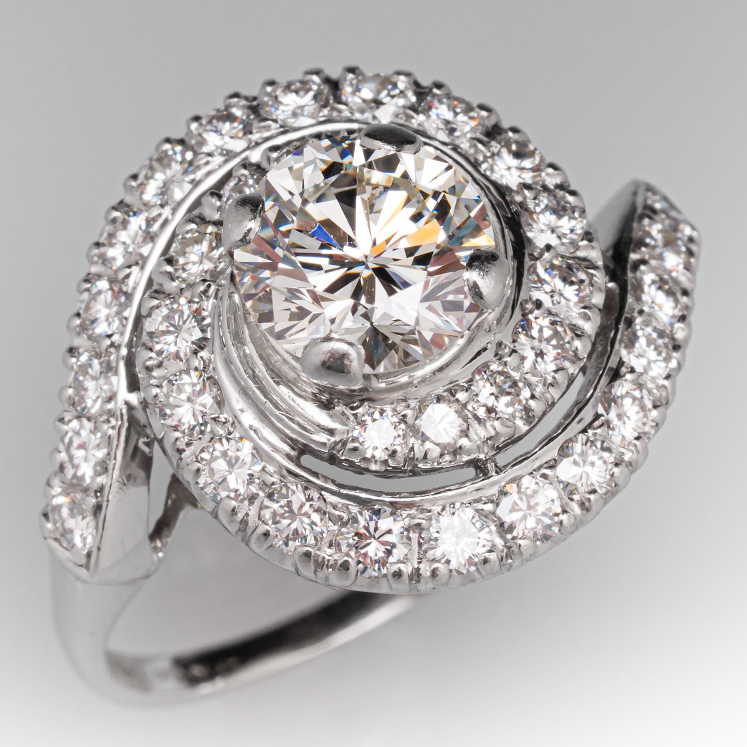 Vintage Diamond Swirl Engagement Ring Platinum 1.24Ct I/VS1