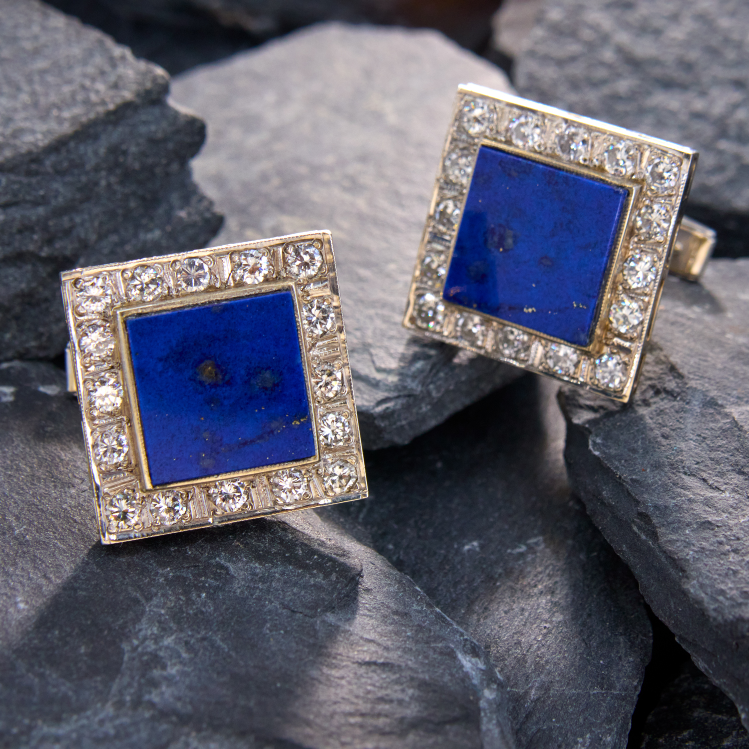 Vintage Lapis & Diamond Cufflinks 14K White Gold