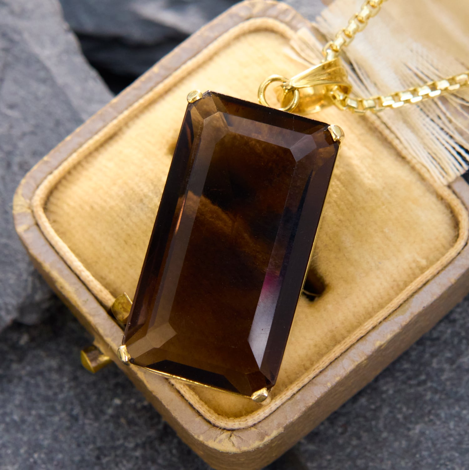 20 Carat Emerald Cut Smoky Quartz Pendant Necklace 14K Yellow Gold