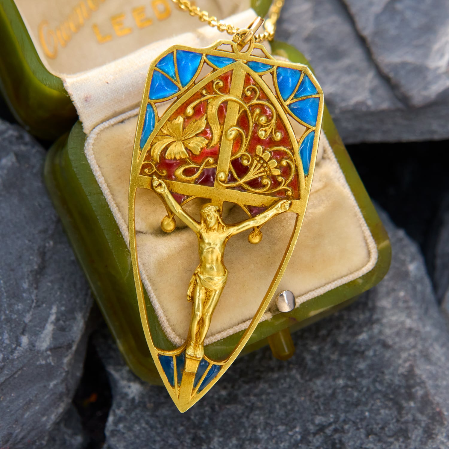 P.L. Dasset Art Nouveau Plique-A-Jour Enamel Pendant Necklace 14K