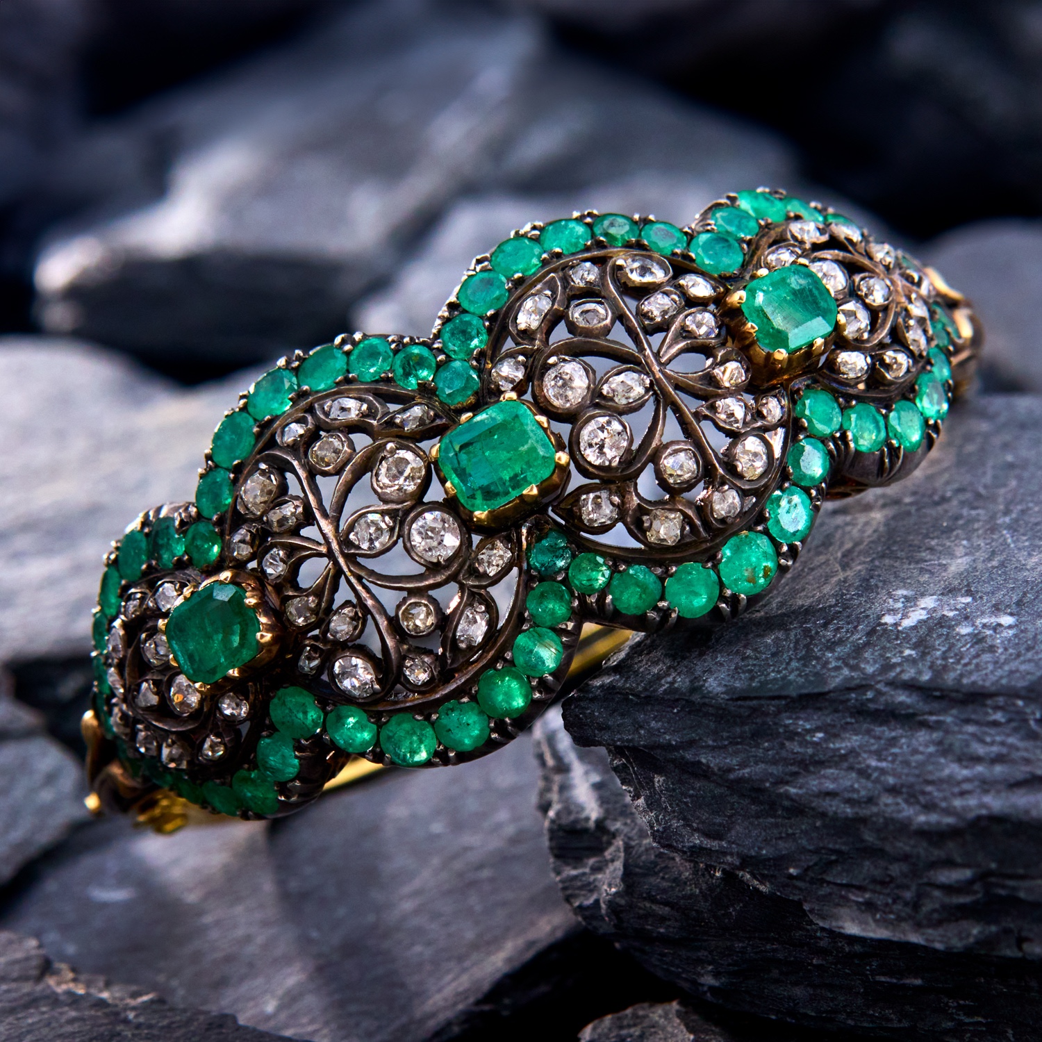 Antique Victorian 14K Yellow Gold Diamond  Emerald Snake Belt Scarf Buckle#313 Diamond & emerald snake - Gem main image 2