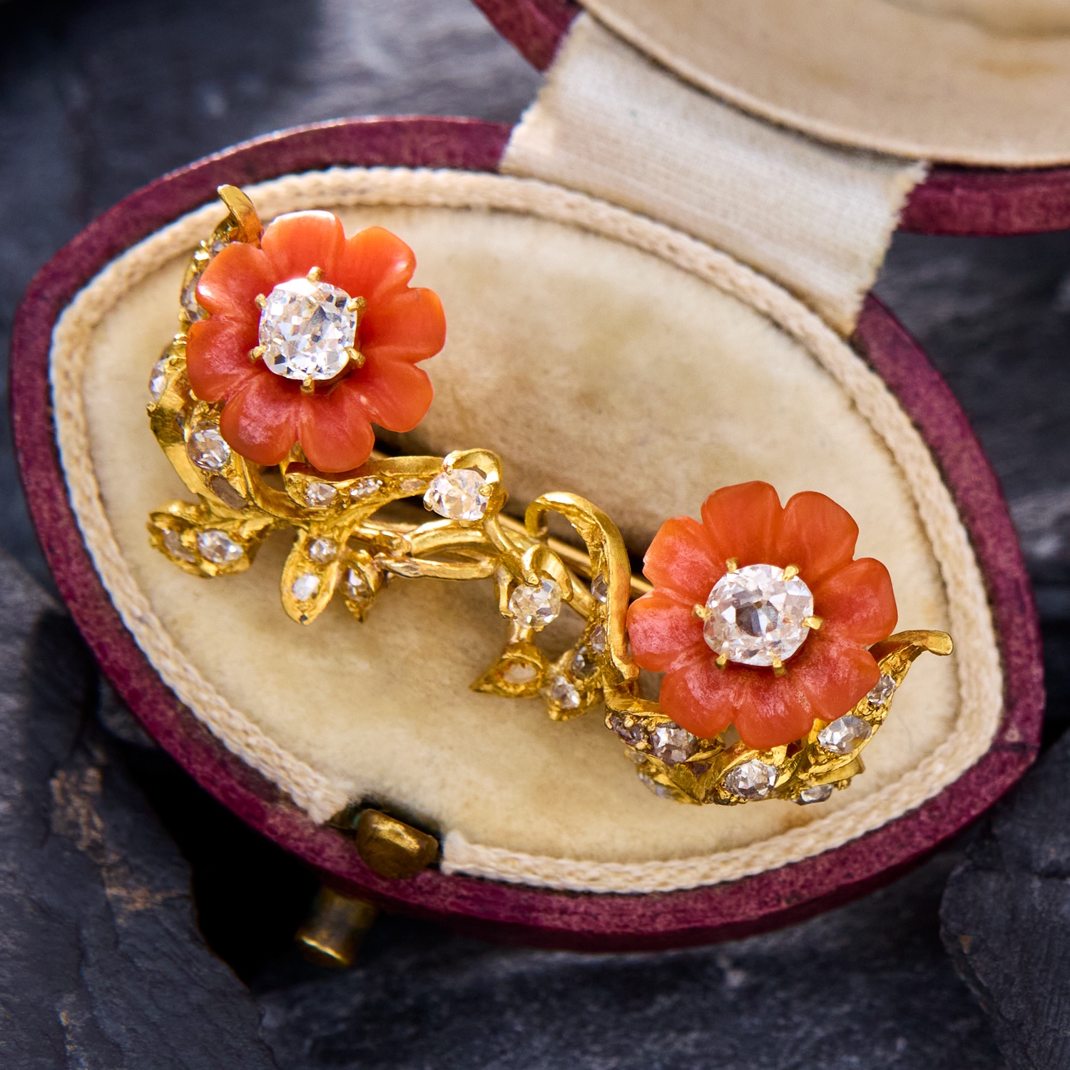 Victorian Diamond & Carved Coral Flower Brooch Pin 22K 