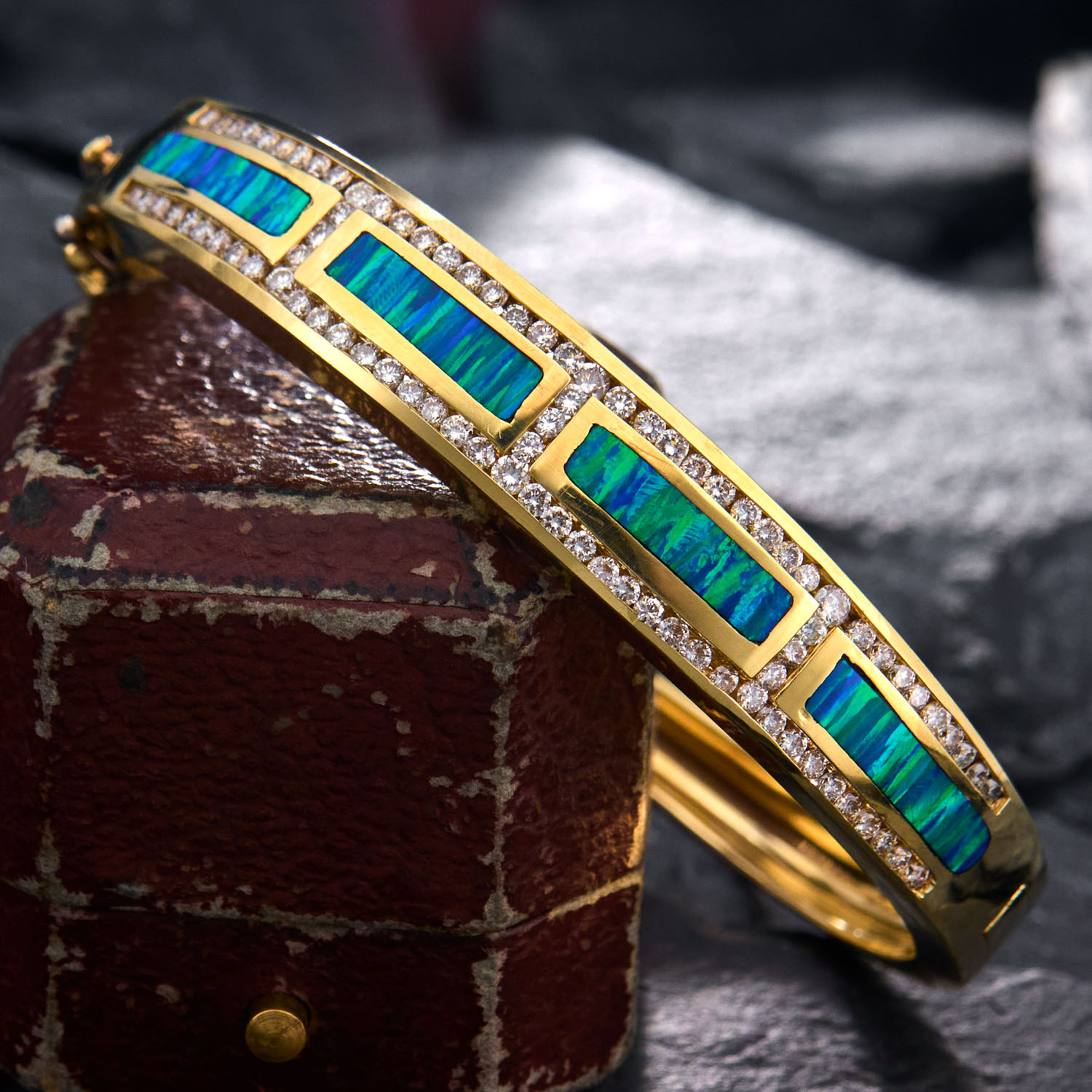 Opal & Diamond Bangle Bracelet 14K Yellow Gold