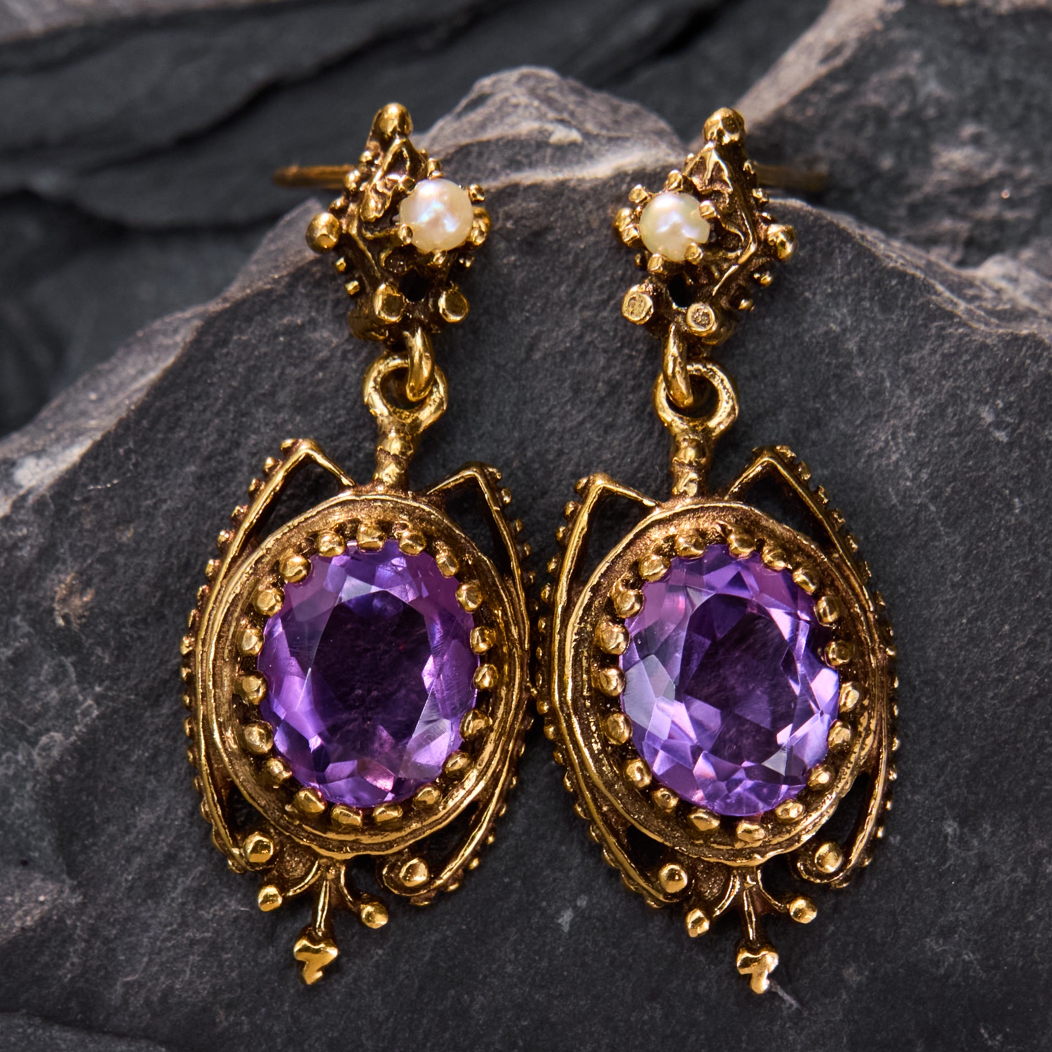 Antique Amethyst Seed Pearl Gold Earrings Vintage 14k real solid gold Pearl amethyst Earrings​​​​ display picture 1