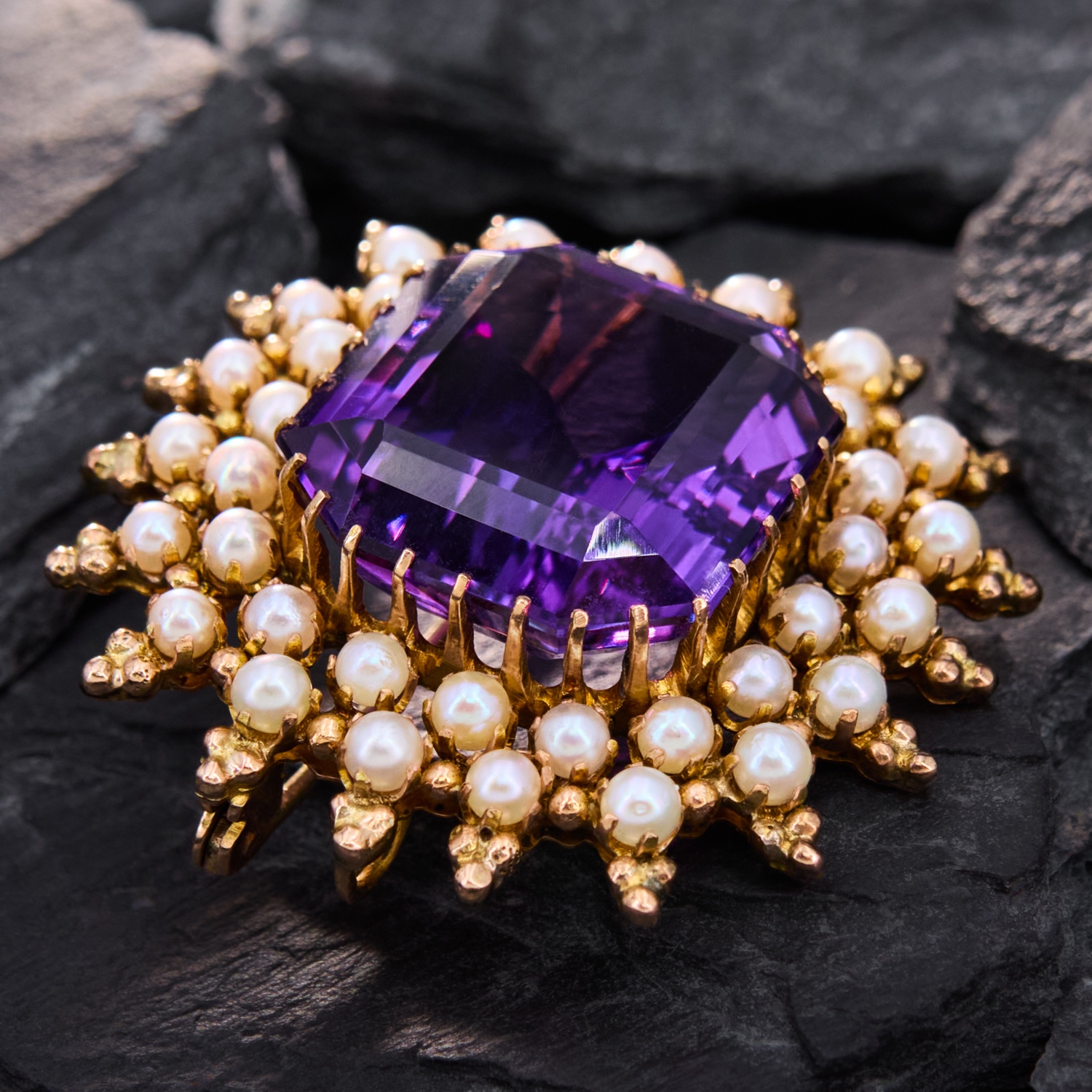 Heirloom Circa 1900 Amethyst Seed Pearl Brooch 14K Yellow Gold