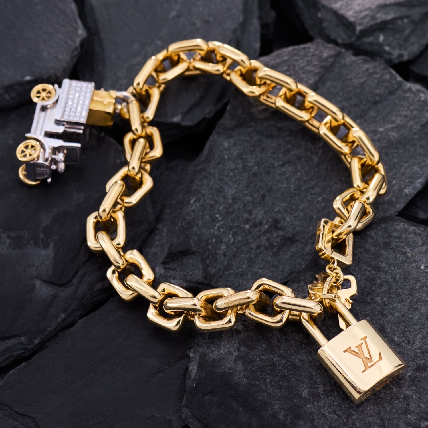Louis Vuitton 18K French Gold Bracelet w/ Vintage Car Charm & Padlock