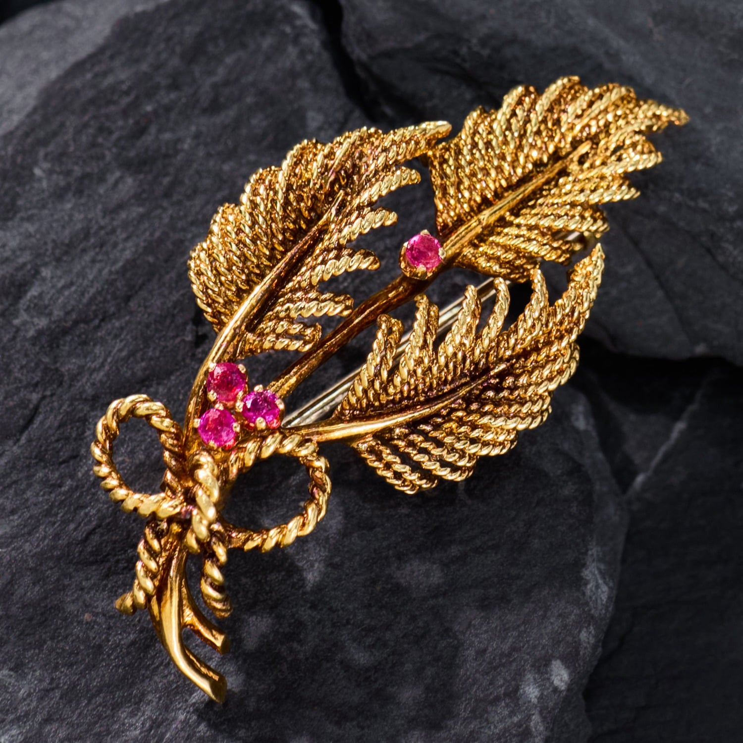 Vintage Tiffany & Co. Ruby Leaf Brooch 18K Yellow Gold