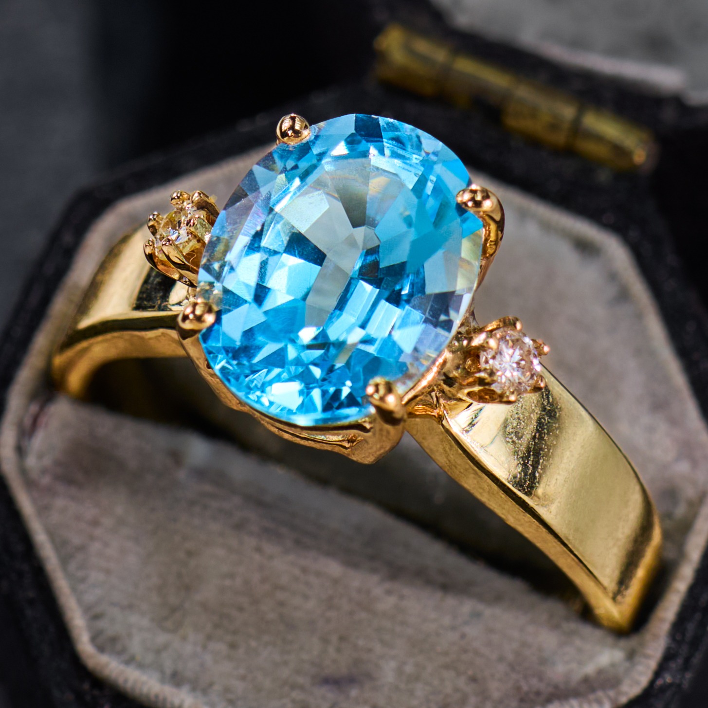 Oval Blue Topaz Ring With Diamonds 14K Yellow Gold