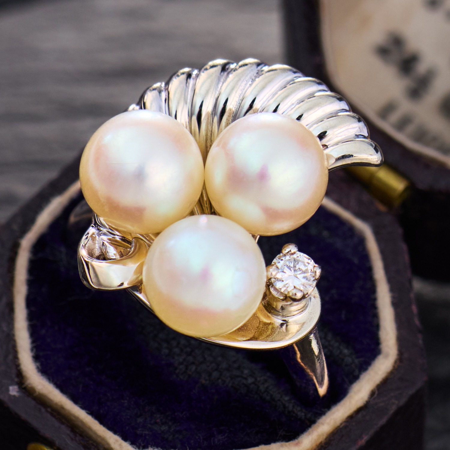 Glamorous Triple Pearl Cocktail Ring 14K White Gold
