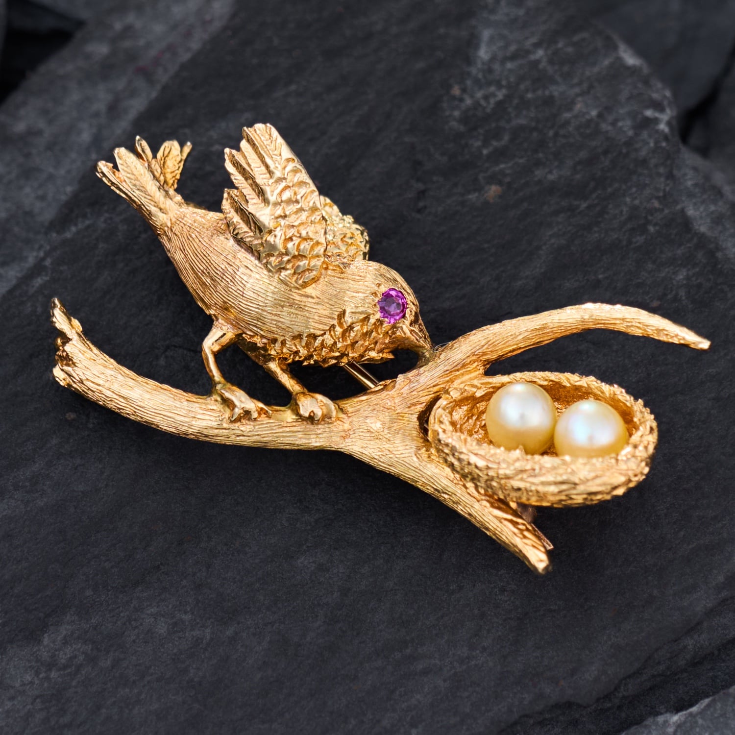 Birds Nest Pearl Brooch Pin 14K Yellow Gold